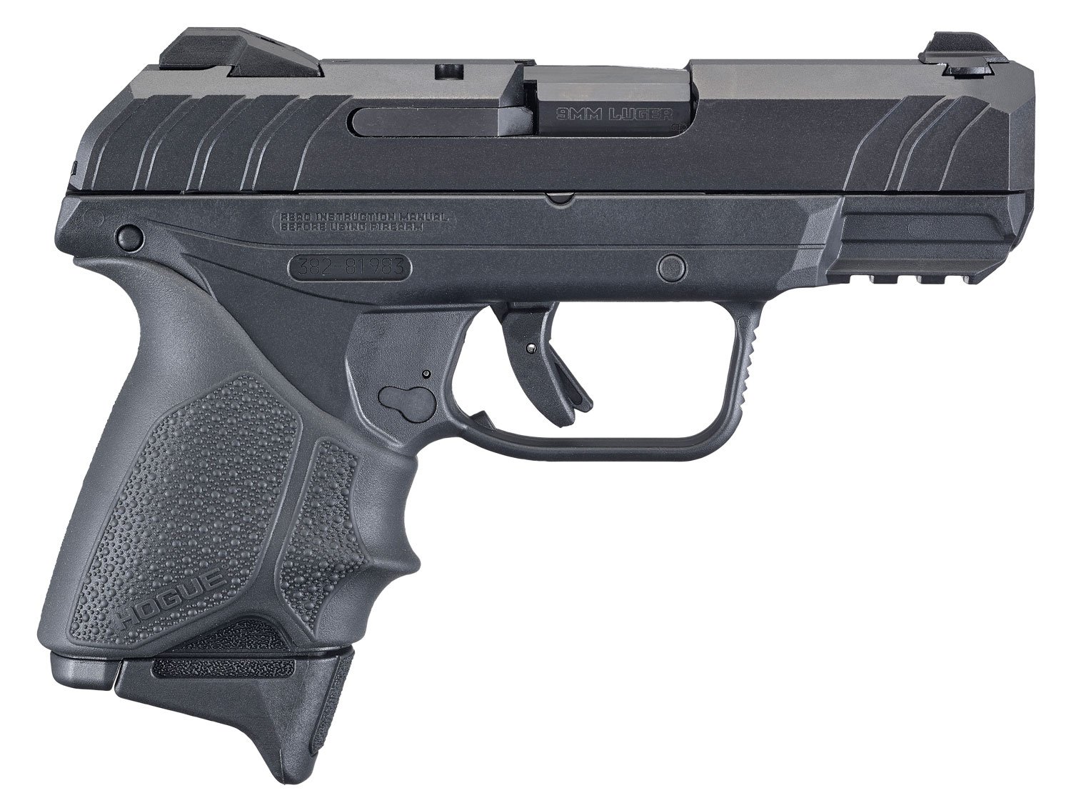 Ruger 3829 Security-9 Compact 9mm Luger 3.42" Barrel 10+1, Black Nylon Grip Frame With Picatinny Acc. Rail, Black Oxide Steel Slide, Hogue Beavertail HandALL Grip Sleeve, Manual Safety
