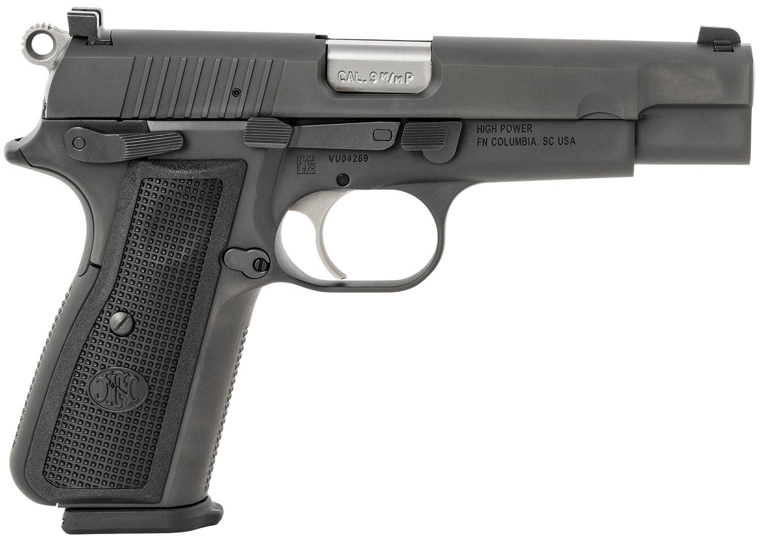 FN 66100256 High Power 9mm Luger 17+1, 4.70" Black Target Crown Steel Barrel, Black PVD Serrated Steel Slide & Steel Frame w/Beavertail, Black Textured Polymer Grip, Ambidextrous