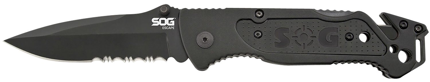 S.O.G SOGFF25CP Escape 3.40" Folding Clip Point Part Serrated Black Hardcased 9Cr18MoV SS Blade Black Anodized Aluminum Handle Includes Belt Clip
