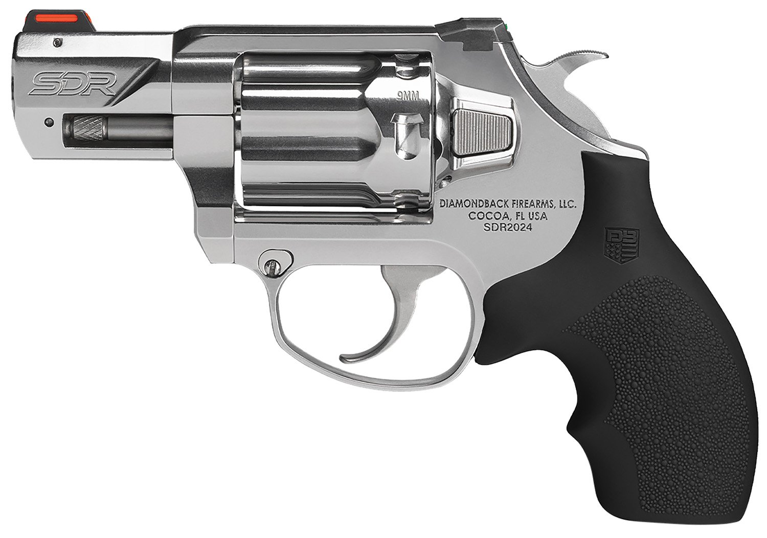 Diamondback DB0700P701 SDR Small 9mm Luger +P 6 Shot 2" Polished Stainless Steel Barrel & Frame, Stainless Steel Cylinder, Black Hogue Rubber Grip, Exposed Hammer