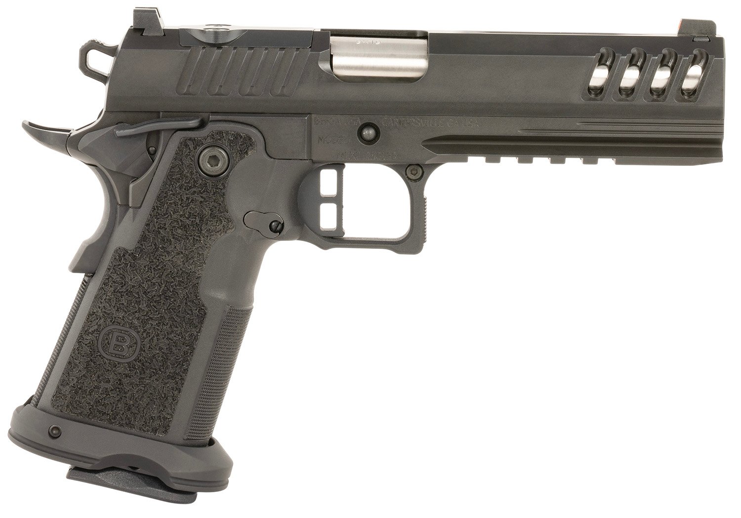 Bersa M2XIO5BBFN M2XI 9mm Luger 22+1 5" Match Grade Bull Barrel, QPQ Tenifer Cerakote Lightening Cut/Optic Cut/Serrated Steel Slide & Frame w/Beavertail & Picatinny Rail, Black Polymer Grip