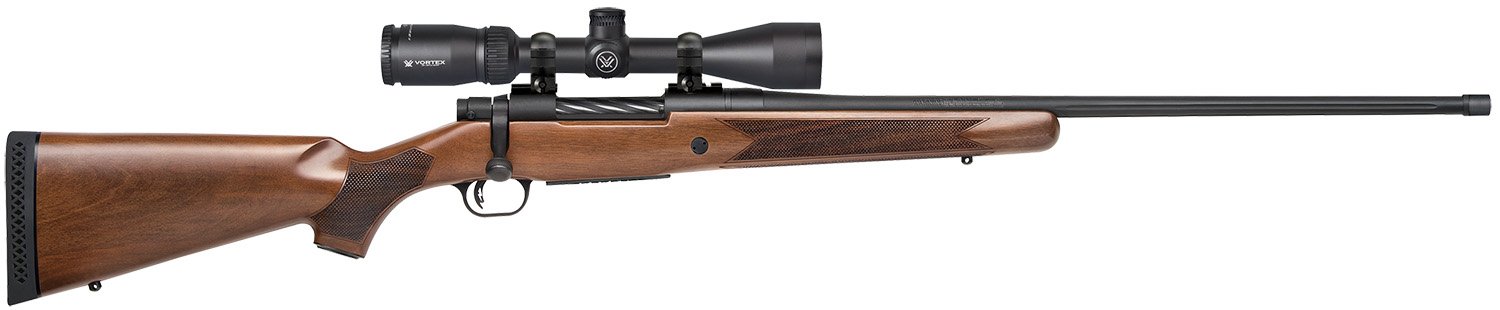 Mossberg 28240 Patriot w/Optic Full Size 7mm PRC 3+1 24" Matte Blued Fluted Threaded Barrel, Matte Blued Drilled & Tapped Receiver, Walnut Fixed Stock, Vortex Crossfire II 3-9x40mm Scope, Right Hand