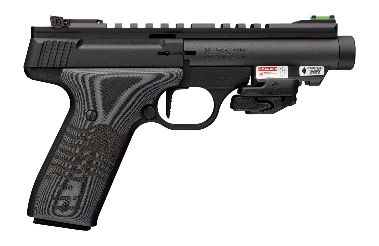 Browning 051612490 Buck Mark Black Label 250 SR 22 LR 10+1 4.40" Matte Black Threaded Bull Barrel, Matte Black Aluminum Frame w/Picatinny Rail Top & Bottom, Black G10 Grip w/ Inscribed Waving Flag, Cr