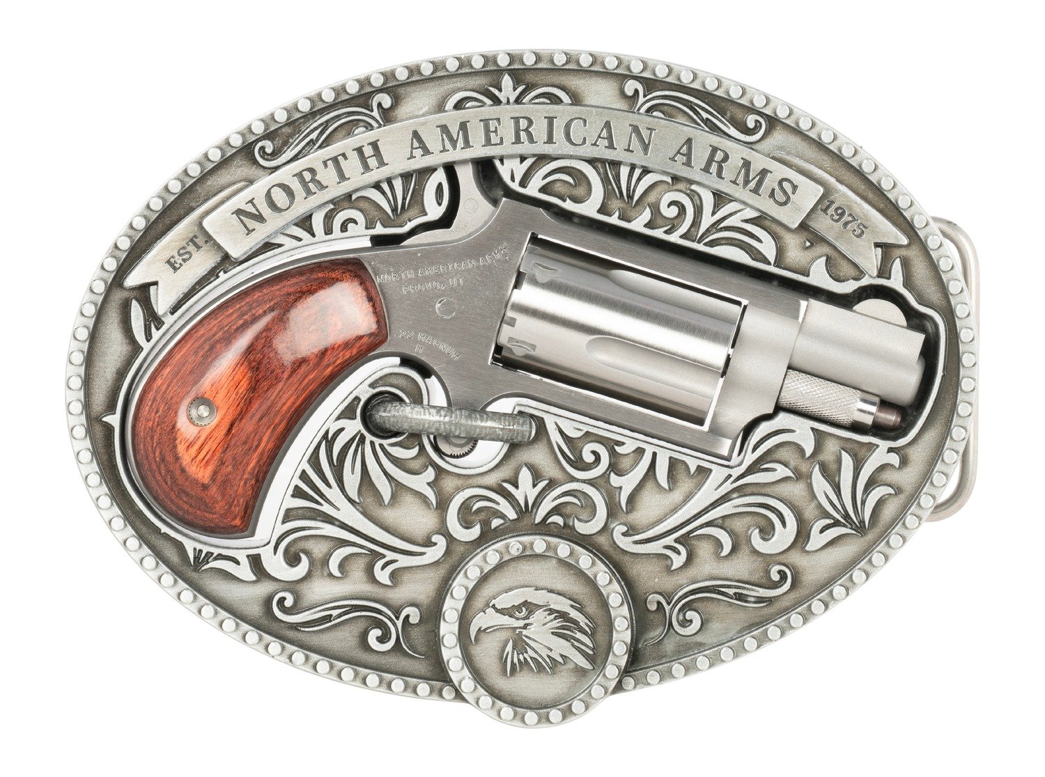 North American Arms 22MSBBO Chuckwagon w/Belt Buckle 22 Mag 5rd Shot 1.13" Matte Stainless Steel Barrel, Stainless Cylinder & Frame, Rosewood Grip