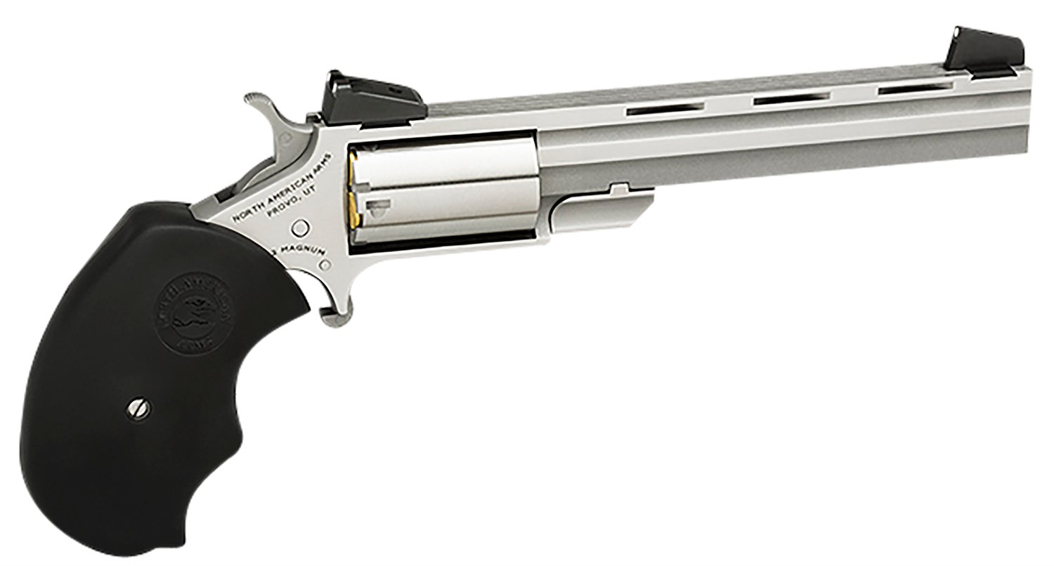 North American Arms MMTL Mini-Master *CA Compliant 22 LR 5 Shot 4" Stainless Steel Vent Rib Barrel, Stainless Steel Frame, Stainless Cylinder, Black Finger Grooved Rubber Grip, Exposed Hammer