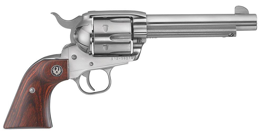 Ruger 5105 Vaquero Medium Frame 45 Colt (Long Colt) 6rd 4.62" High Gloss Stainless Steel Barrel, Cylinder & Frame, Hardwood Grip, Transfer Bar Safety, Exposed Hammer