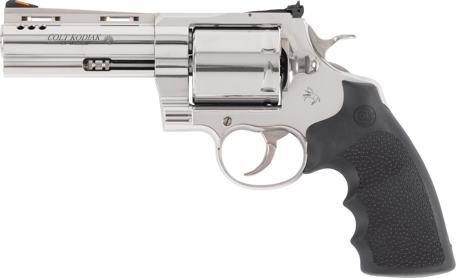 Colt Mfg KODIAKSP4RTS Kodiak 44 Mag 6rd 4.25" Polished Ported Vent Rib Barrel & Cylinder, Recessed Target Crown Muzzle, Polished Stainless Steel Frame, Black Hogue Overmolded Grip, Exposed Hammer