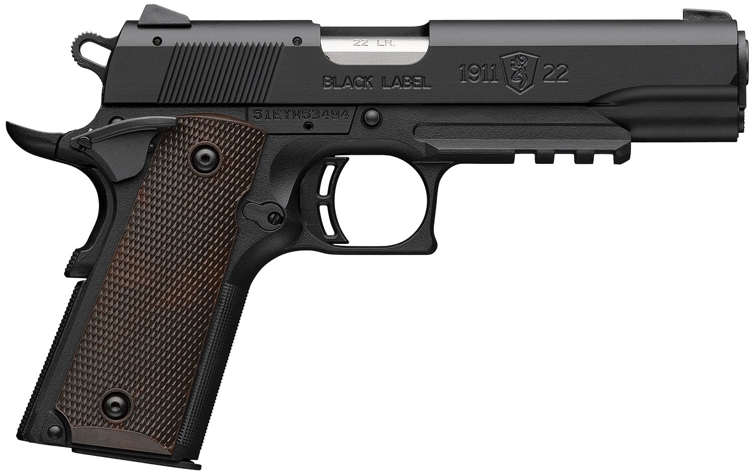 Browning 051065490 1911 Black Label Full Size Frame 22 LR 10+1 4.25" Stainless Steel Barrel, Matte Black Serrated Slide, Matte Black Polymer Frame w/Picatinny Rail, Brown Composite Grip