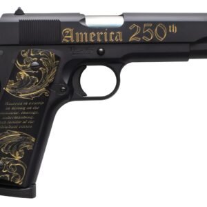 Tisas Arms 10100518US250 1911 America's 250th Full Size 45 ACP 7+1 5" Stainless Barrel, Black w/Gold Engraving Steel Serrated Slide, Black w/Gold Engraving Steel Frame w/Beavertail, Black w/Gold Accen